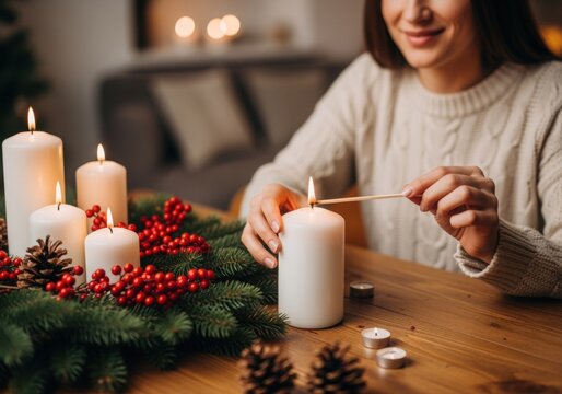 Two young women decorating a festive Christmas wreath with candles and pine cones on a wooden table.