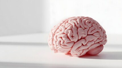 Pink human brain model rests on a white surface with soft light.