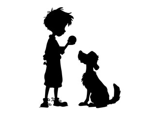 a silhouette of a boy and a dog, both in black against a plain transparent backgroundboy, child, dog, girl, pet, play, profile, toy 