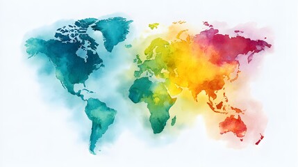 Colorful watercolor world map with a vibrant artistic abstract representation.