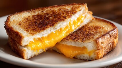 Melted cheese oozes from a perfectly toasted grilled cheese sandwich served on a white plate. The sandwich has a crispy golden-brown crust. A simple comfort food.