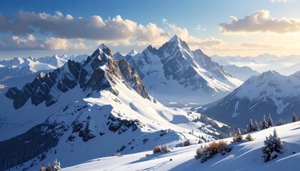 Majestic Snow Covered Mountain Range Under a Blue Sky with Clouds in Sunlight