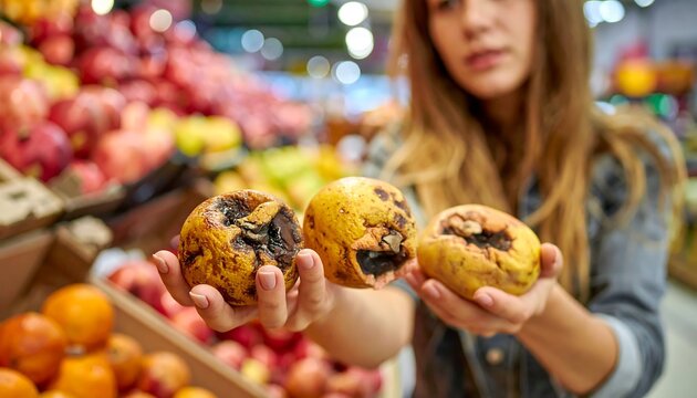 Woman holds rotten fruit in grocery store - Powered by Adobe