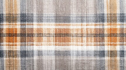 The fabric features an intricate plaid pattern with shades of orange gray and white highlighting the texture and weave of the material. This design can be used for various crafts.