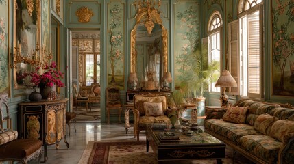 Obraz premium French colonial salon with floral wallpapers and ornate mirrors
