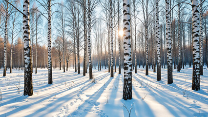 Sunlight filtering through the bare trunks of birch trees casts long shadows across the pristine snow-covered ground in a winter forest, with a trail of footprints and a clear blue sky. The concept is