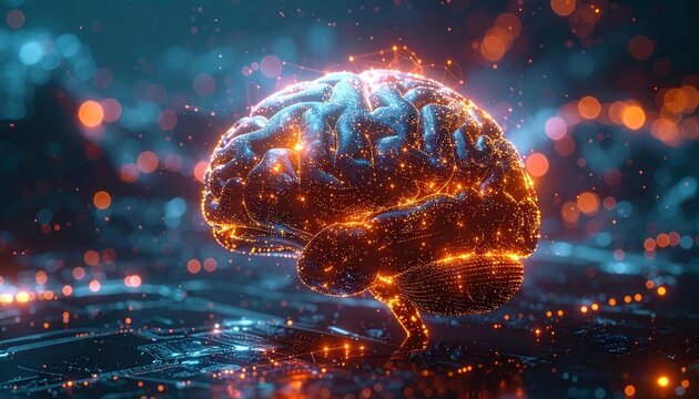 A glowing, digital brain surrounded by vibrant particles, symbolizing advanced technology and neural connections in a futuristic setting.