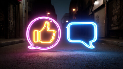 Neon thumbs-up and speech bubble signs on a dark background, glowing modern icons representing approval and communication.