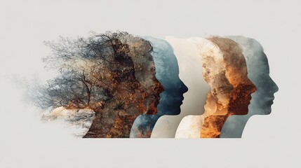 Abstract human profiles with nature elements merging, representing introspection, thought, and growth