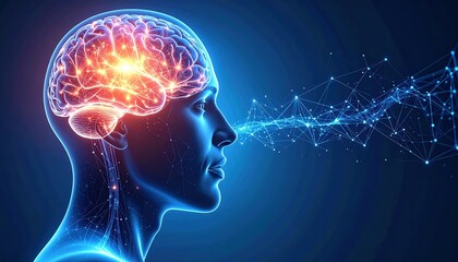 A digital illustration of a human head with an illuminated brain, depicting neural connections and thought processes in a futuristic style.