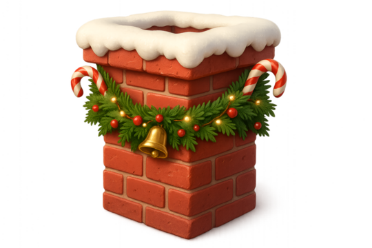 Festive brick chimney with snow and christmas decorations including garland and a gold bell isolated on white - Powered by Adobe