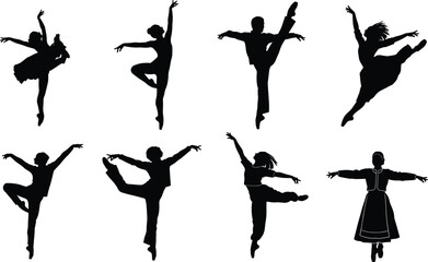 Ballet dancer silhouettes, graceful poses, arabesque, pirouette, classical dance, elegant movement, folk costume, expressive choreography, artistic performance, black background © MdShohanur
