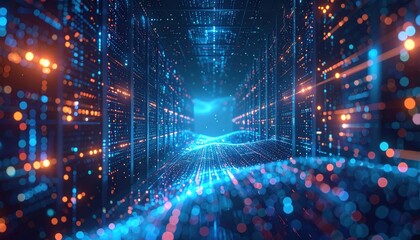 Obraz premium A futuristic digital tunnel filled with glowing particles and vibrant colors, conveying a sense of technology and innovation.