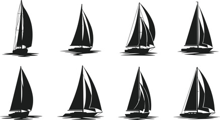 Black and white sailboat silhouettes, nautical design, ocean reflections, maritime art, minimalist sailing illustration, abstract water ripples, boat collection © MdShohanur