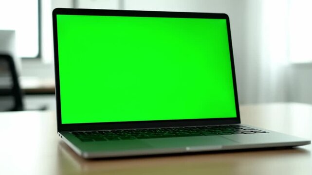 This versatile shot features a modern, sleek laptop prominently displayed on a light wooden desk, offering a clean and professional aesthetic. The device showcases a vibrant green screen, providing an