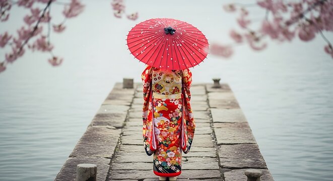 Serene Japanese beauty in vibrant kimono with red umbrella at waterfront during cherry blossom season is stunning and elegant for travel marketing