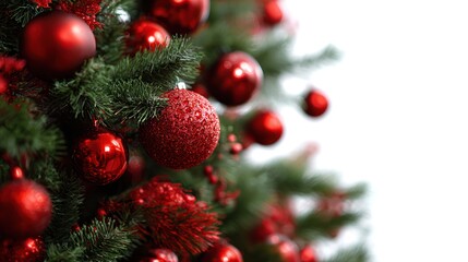Closeup of Christmas tree adorned with red ornaments against a bright, clean backdrop
