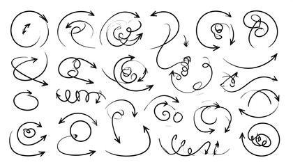 A collection of hand-drawn, swirly and curly arrows in various shapes, sizes, and directions, displayed in a grid pattern