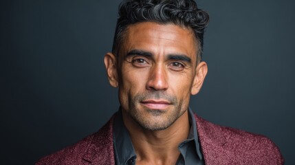 Fototapeta premium A man with curly hair and a well-defined jawline stands confidently. He wears a stylish burgundy suit and a black shirt creating a bold and sophisticated look.
