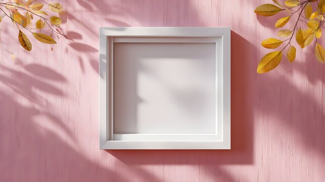 White frame with autumnal leaves and shadow overlay on a pink textured background.
