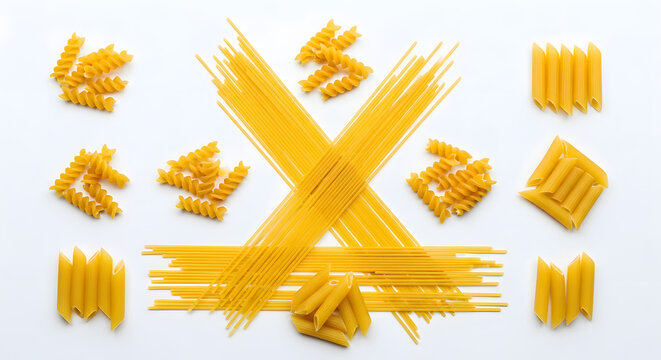 Different uncooked pasta shapes (spaghetti, fusilli, penne) arranged in pattern on white background