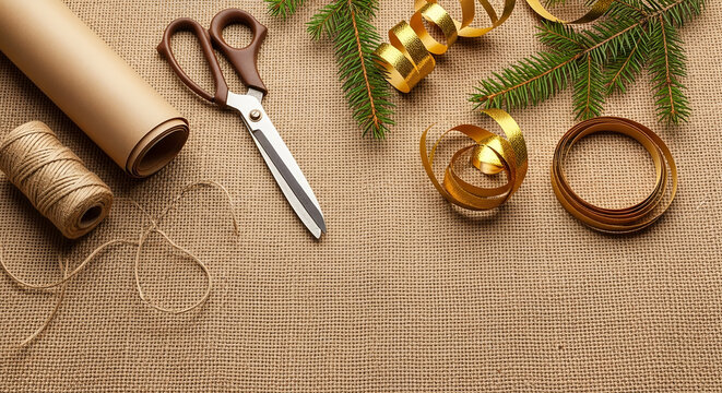 Festive Christmas Wrapping Supplies with Green Pine Branches and Gold Ribbons on Textured Surface