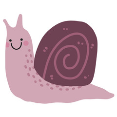 Cute pink snail illustration with dark shell. Smiling cartoon snail perfect for kids design, stickers, and decoration. Autumn snail decorative design.