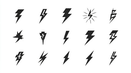 Lightning bolt icon. Flash symbol, thunderbolt, blitz lightnings strike sign. Electric energy black silhouettes, power concept. Vector isolated dynamic sports logo set Stock Vector