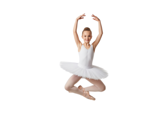 A graceful ballerina performing a jump, showcasing elegance and poise. The dancer, dressed in a classic white tutu, demonstrates perfect form and artistry