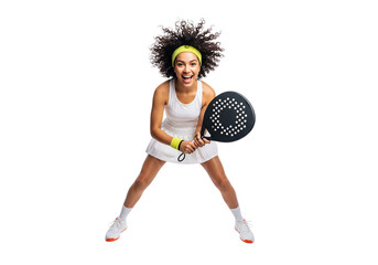 A tennis player holds racket happily after a win