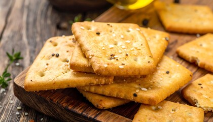 Stack of crispy crackers on a wooden cutting board