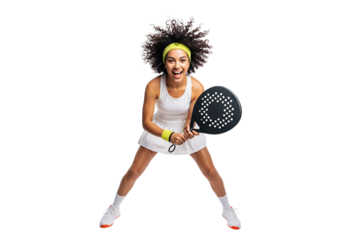 A tennis player holds racket happily after a win
