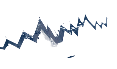 Abstract city skyline reflected in dark water, creating a jagged, blue line