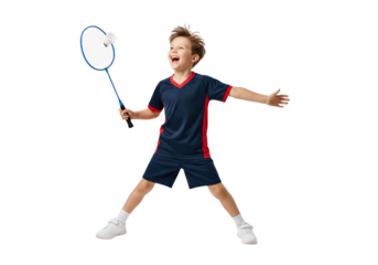 A boy playing badminton, joyful and energetic
