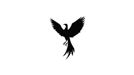 Fototapeta premium Graceful Black Bird Silhouette with Soaring Wings and Flowing Tail, Abstract Avian Art on White Background, Elegant Design Element