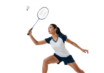 A female badminton player in action, poised to strike the shuttlecock with focused determination. The player demonstrates athletic skill, dynamic motion, and sporting excellence