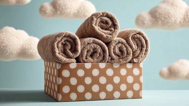Plush rolled towels in polka dot box evoke cozy comfort and serene relaxation in a dreamy cloudscape setting - Powered by Adobe