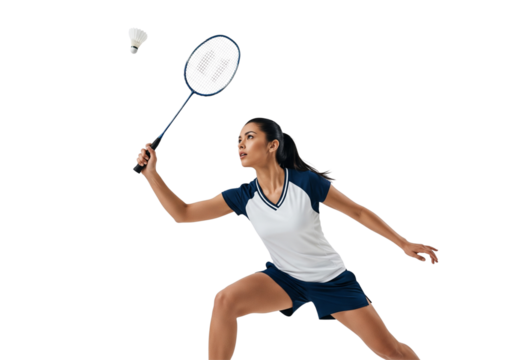 A female badminton player in action, poised to strike the shuttlecock with focused determination. The player demonstrates athletic skill, dynamic motion, and sporting excellence