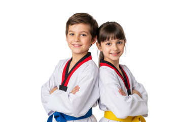 Two children in martial arts attire standing back to back, exuding confidence and a friendly smile. They are dressed in martial arts uniform with folded arms.