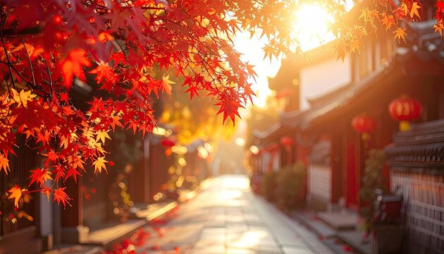 Golden Hour Sunlight Illuminates Traditional Chinese Street Lined With Red Maple Trees And Buildings With Red Lanterns