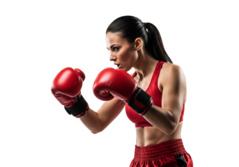 A determined boxer with red gloves is focused and ready to fight, embodying strength and dedication