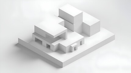 Isometric view of a white architectural model with cubic structures on a white surface in a studio