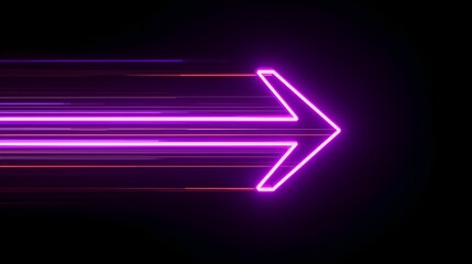A neon purple arrow pointing right with light trails on a dark black colored plain background scene