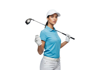 A female golfer confidently poses, holding a golf club and ball