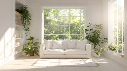 Bright living room with white sofa and lush green plants through large windows.