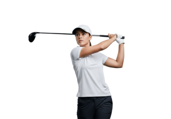 A woman in sportswear playing golf, poised for a swing with her club, capturing the essence of sportsmanship