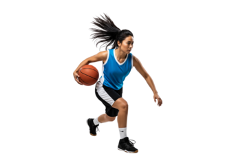 An active woman skillfully dribbling a basketball, embodying the spirit of sportsmanship and determination