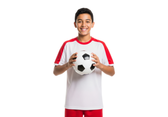 A young boy, smiling confidently and holding a soccer ball, embodying enthusiasm for the sport.