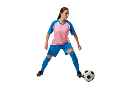 An athlete in a soccer uniform dribbles a soccer ball. A woman is intently focused on the game