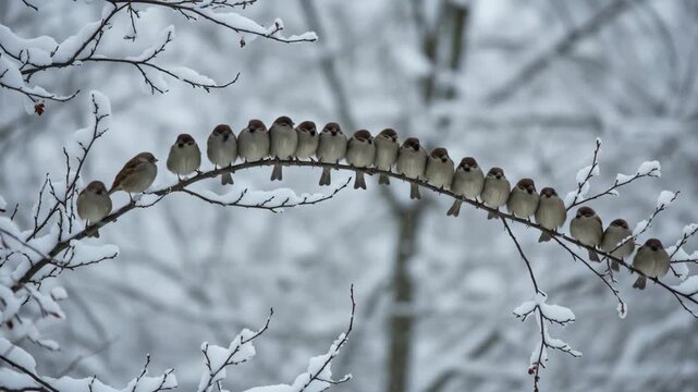 Birds perch on snowy branch in winter weather, outdoors